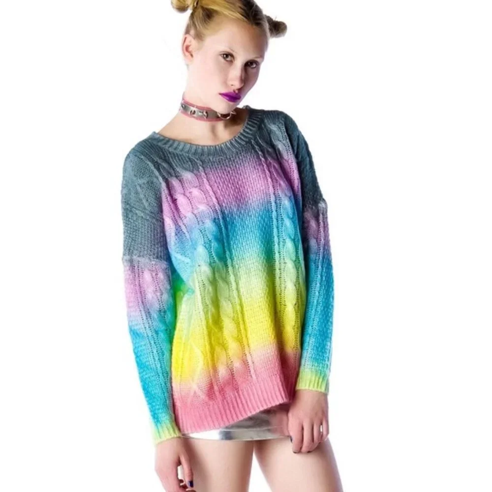 UNIF Cake Sweater Pullover Pastel Rainbow Twee Ombré Cable Knit Soft Size Medium - Picture 4 of 14